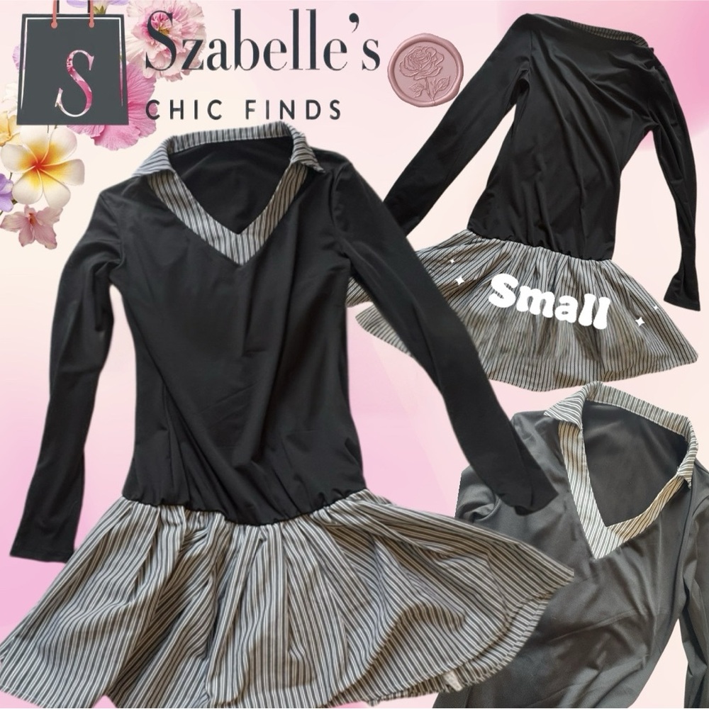 Black Long Sleeve Dress with Striped Skirt